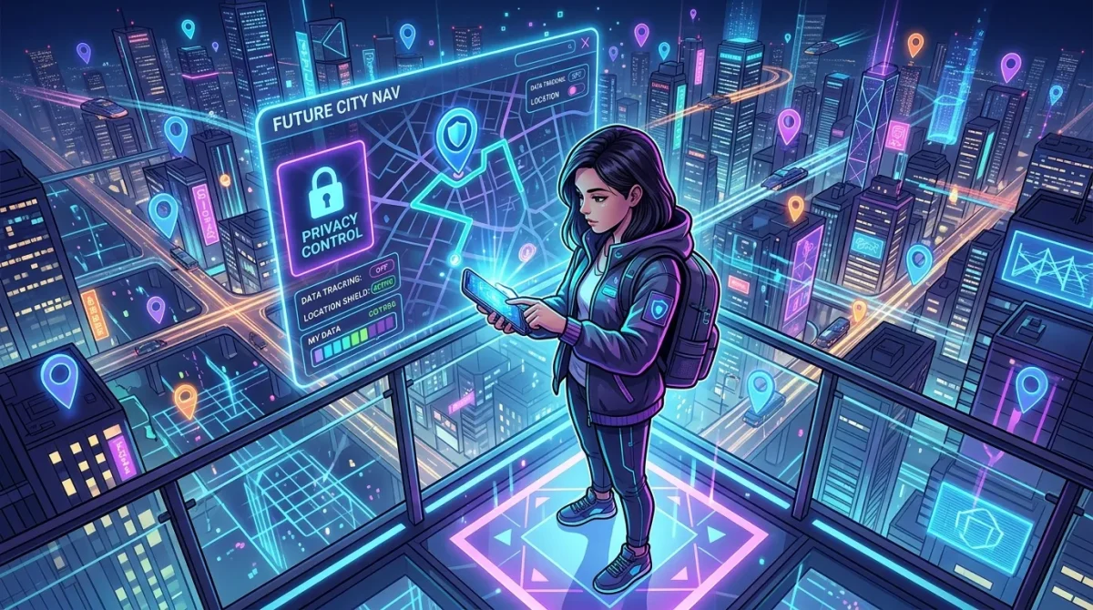 Person using a smartphone with a virtual GPS map overlay, glowing location pins, and futuristic city background, symbolizing digital privacy and control with a location changer.