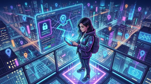 Person using a smartphone with a virtual GPS map overlay, glowing location pins, and futuristic city background, symbolizing digital privacy and control with a location changer.
