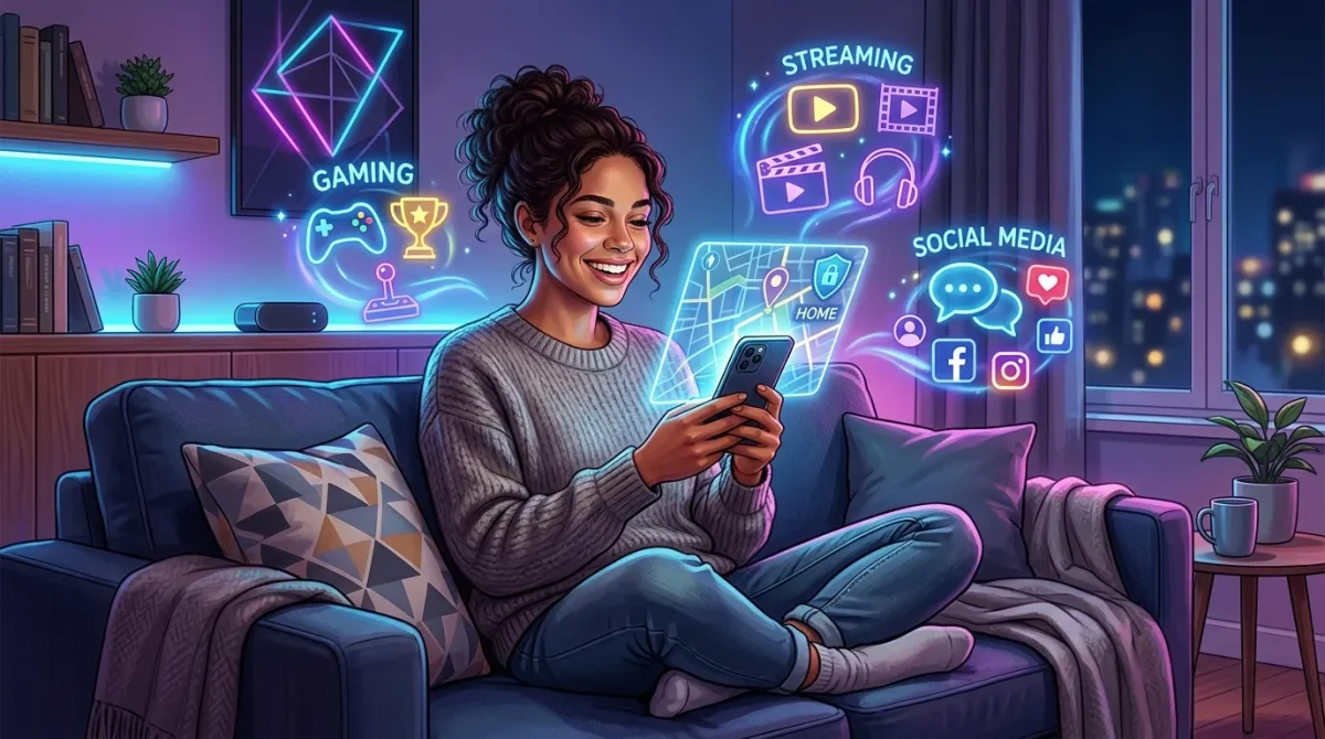Person feeling relieved and empowered while using a smartphone with a glowing GPS map overlay, surrounded by gaming, streaming, and social media icons, symbolizing digital freedom and privacy with a location changer.